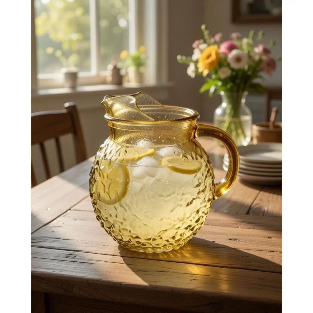 VINTAGE ANCHOR HOCKING LIDO MILANO AMBER BUBBLE CRINKLE PITCHER WITH ICE GAURD